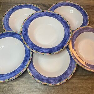 PTS International Interiors Fantasia Stoneware Pasta Bowls 6 Pc Blue Mosaic Rim